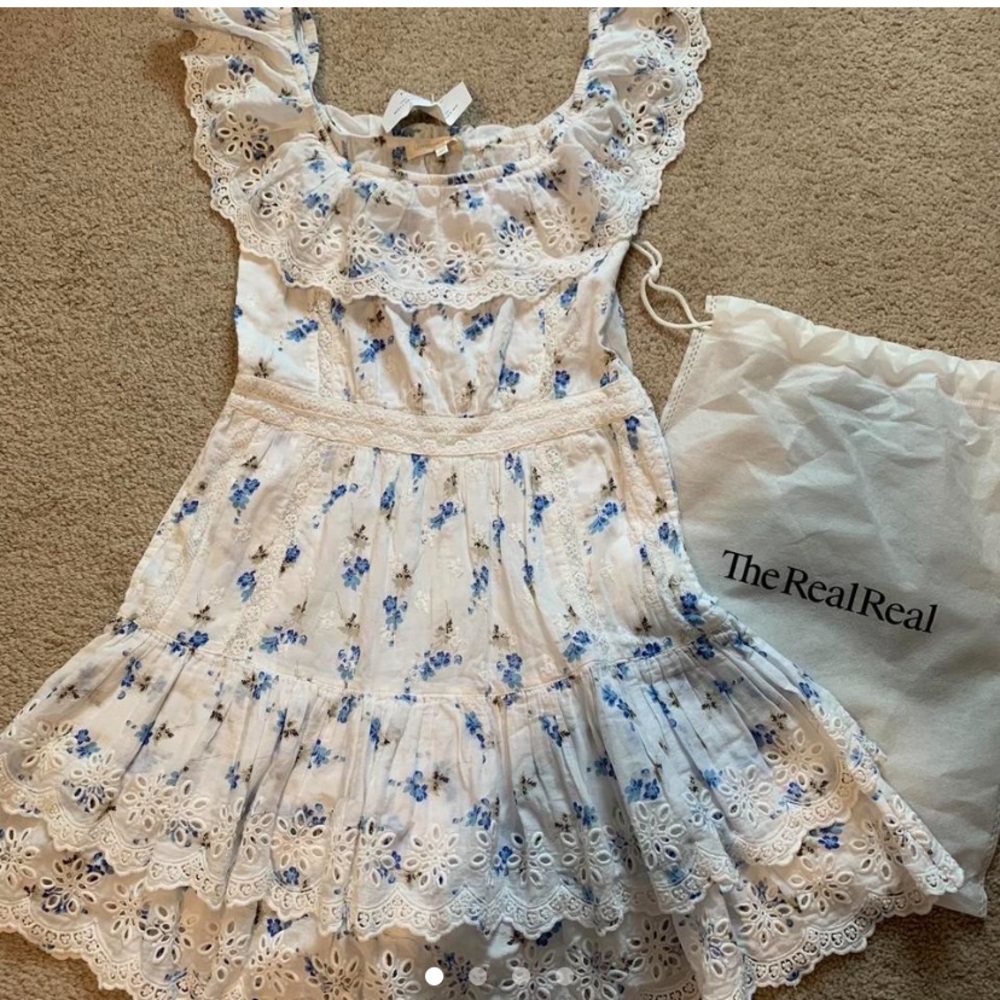 loveshackfancy mini dress white and blue floral